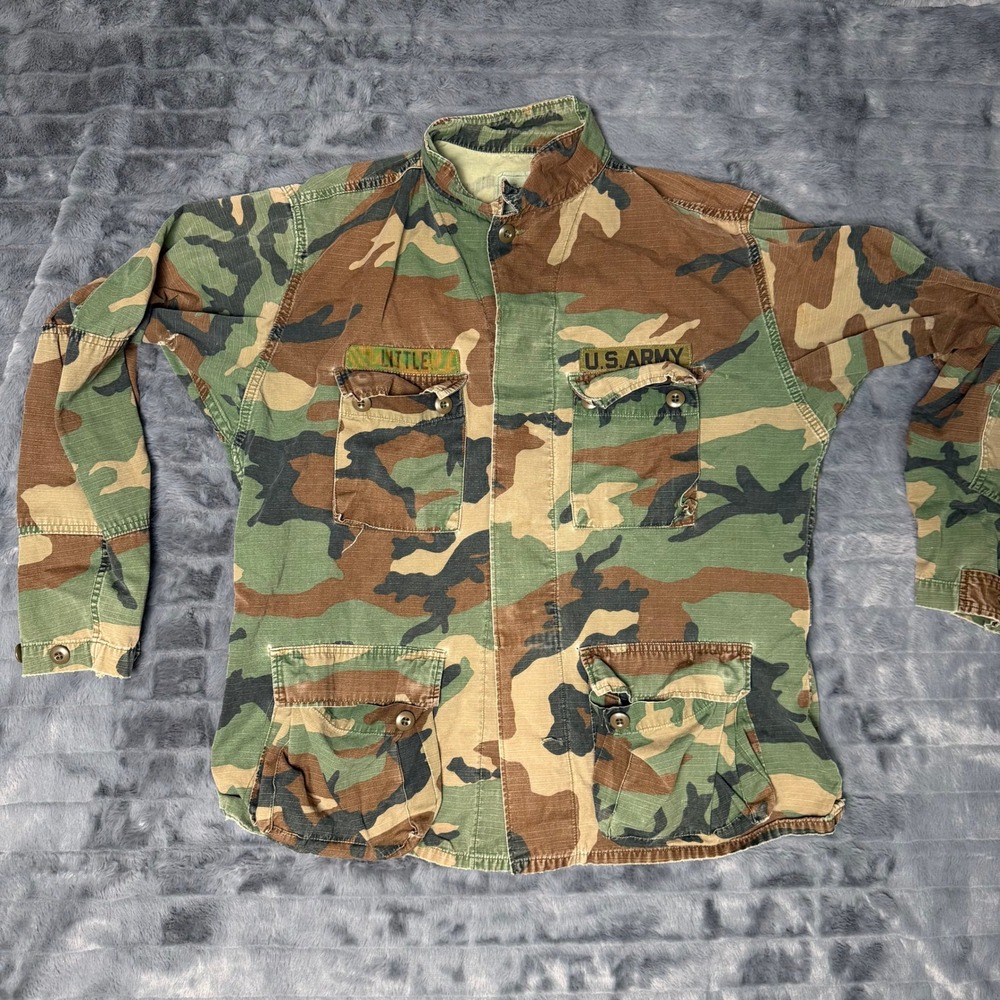 US Military BDU Field Jacket Mens Large Long Woodland Camo Ripstop Distressed